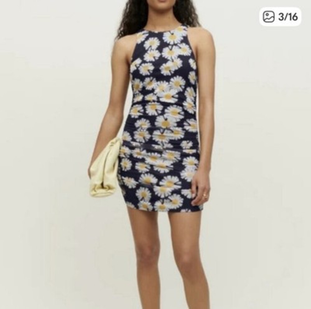 Reformation XS Ruched Daisy Floral Mesh Bodycon Mini Dress Cottagecore Twee